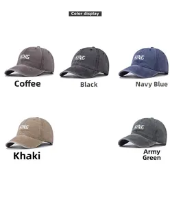 Detailed view of vintage washed cotton baseball caps with KING embroidery in five colors