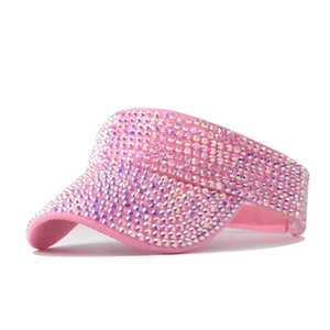Pink rhinestone sun visor hat for women featuring sparkling crystals on a wide brim