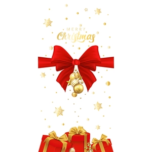 Festive Christmas window stickers with red bows, gold ornaments and gift boxes