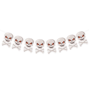 Halloween skull and crossbones garland with 8 grey skulls and red eyes for party decor