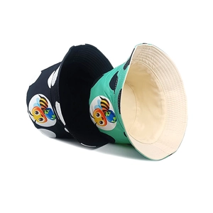 Kids cartoon bee pattern bucket hats in black and cyan colors for sun protection