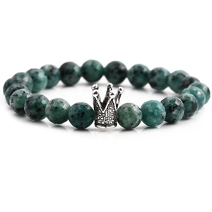 8mm natural green tiger eye stone beaded bracelet with a silver crown accent on white base