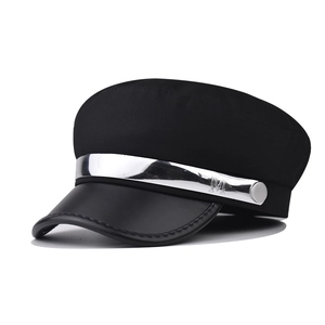 British Style Navy Hat For Women Cotton Blend Newsboy Cap With PU Leather Brim Silver Metal Strip M Letter Fiddler Cap