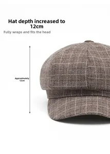 Plaid newsboy cap with 12cm depth measurement showing the deep fit design detail