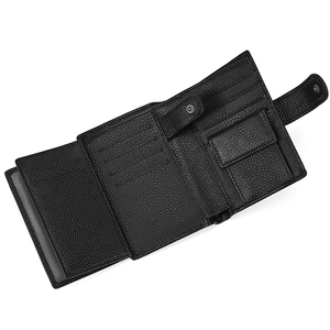 Detailed interior of black leather tri-fold wallet showing card slots and coin pocket