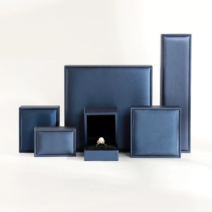 Navy blue PU leather jewelry box set with silk brushed texture for rings and necklaces