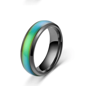 Polished black stainless steel mood ring featuring a vibrant color-changing center inlay
