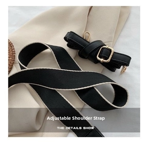 Detail of adjustable black leather and woven shoulder straps with gold metal hooks