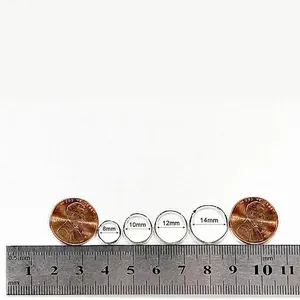 Sizing guide for minimalist titanium steel hoop earrings showing 8mm to 14mm diameters
