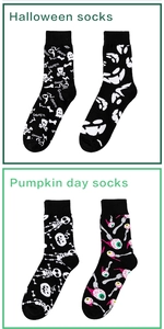 Detail of Halloween socks with ghost, pumpkin and bone patterns on knit cotton fabric