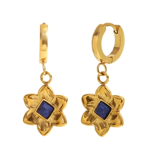 18K gold plated stainless steel flower earrings with square blue lapis gemstone