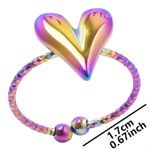Macro detail of rainbow heart ring with rope texture and 1.7cm inner diameter