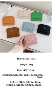 Detailed specs of the macaron PU leather heart wallet showing dimensions and card slots