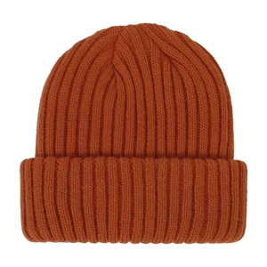 Close-up of warm rust-orange ribbed knit beanie for children and infants