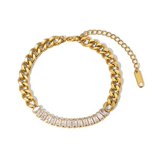 Gold stainless steel Cuban chain bracelet with rectangular zircon inlay for women
