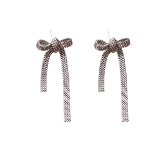 Silver bow knot fringe drop earrings with textured mesh metal design for women
