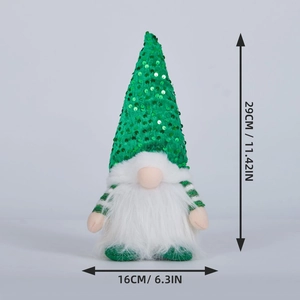 Vue détaillée d'un gnome de Noël de 29 cm avec paillettes vertes et mesures indiquées
