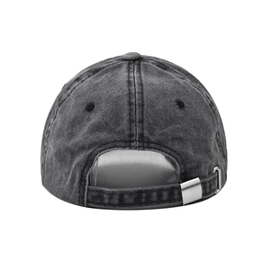 Rear view of washed dark grey denim baseball cap with vintage finish and metal buckle