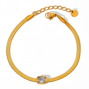 Gold-plated flat snake chain bracelet with a rectangle zircon stone and lobster clasp