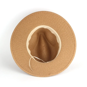 Unisex khaki straw sun hat with detailed weave and inner sweatband on white background