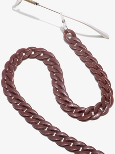 Close-up of retro mauve acrylic glasses chain with chunky links on white frames