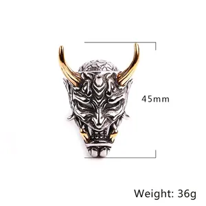 Men's gothic demon mask ring in silver and gold steel finish, 45mm height and 36g weight