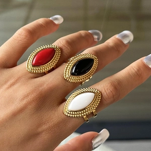Retro 18k gold plated stainless steel marquise agate adjustable rings for women