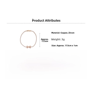 Detailed size specifications for rose gold bow bracelet with cubic zirconia measurements