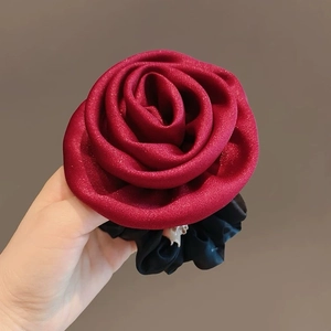 Vintage burgundy satin rose scrunchie with elegant 3D flower petals for ponytails