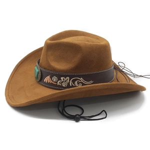 Chapeau de cowboy marron en suédine avec broderies florales et pierre précieuse verte