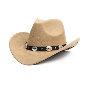 Detail view of khaki wool felt cowboy hat with black studded leather band and rivets