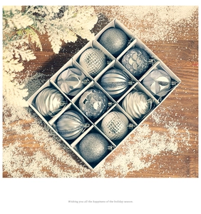 Close-up of 12 silver Christmas ornaments with assorted textures in a white grid gift box