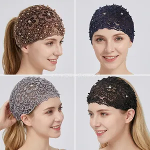 Lace beaded headband with white pearls for women in brown, navy, grey, and black