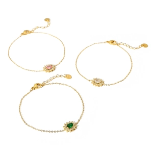 Vintage stainless steel gold bracelets with emerald cut zircon charms in pink and green