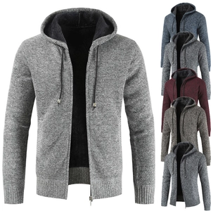 Men's thick hooded knit cardigan with fleece lining in multiple solid color options