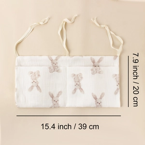 Cotton baby crib organizer with rabbit print and size labels: 39cm width by 20cm height