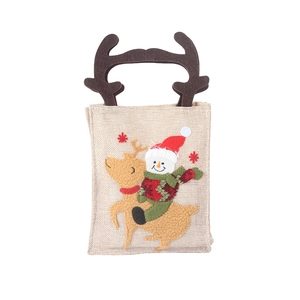 Christmas burlap gift bag featuring reindeer antler handles and embroidered snowman design