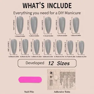 Dark grey long almond press-on nails size chart with adhesive tabs and file