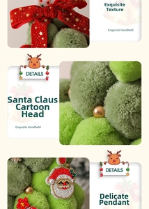 Detailed close-up of green pom-pom Christmas tree with bead-embroidered Santa and red ribbon