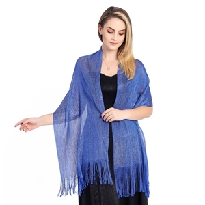 Elegant metallic blue knit shawl with long tassels and shimmer thread for evening parties
