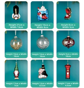Size chart showing dimensions for various glass painted Christmas tree hanging ornaments
