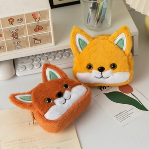 Cartoon plush fox coin purses with embroidery details in orange and yellow colors