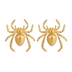 Detailed macro view of gold spider earrings with intricate textured metallic finish
