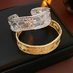 Vintage Hollow Grid Mesh Cuff Bracelet 18K Gold Plated Copper Embossed Texture Retro Open Bangle Jewelry For Women