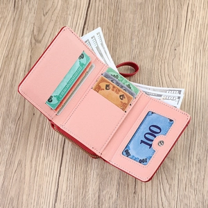 Short red tri-fold PU leather wallet for women with bee accent and multi-card slots