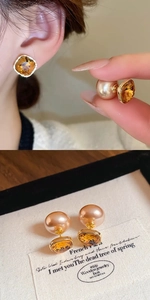 Detailed macro view of 18K gold-plated earrings featuring amber crystal and pearl backing