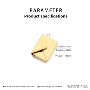 Detailed view of 20x14mm golden stainless steel envelope pendant with specs