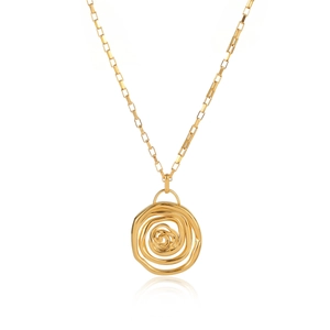 Minimalist gold spiral pendant necklace with a rectangular link chain on a white background