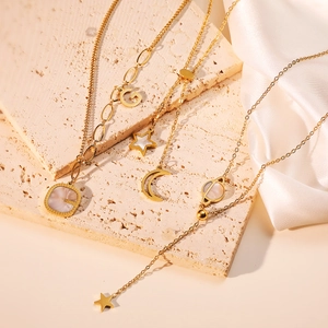 Stainless Steel Gold Plated Pendant Necklace Star Moon Planet Letter G Shell Inlay Minimalist Dainty Jewelry For Women