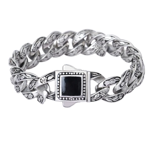 Men Retro Titanium Steel Bracelet With Black Square Inlay Floral Carving Curb Chain Hip Hop Punk Jewelry For Male